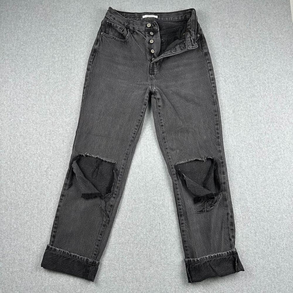 Pac Sun Dad Jean Women's 26 Button Fly Black Distressed Loose Ripped Wide Grey‎